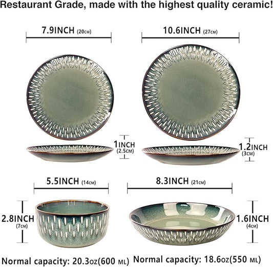 Dinnerware Sets 16 Pieces - Round Reactive Glaze Tableware - Kitchen Dinnerware Porcelain Crockery with Dinner Plate, Bowl and Soup Plate Service for 4, Microwave Dishwasher Safe, Set No.1