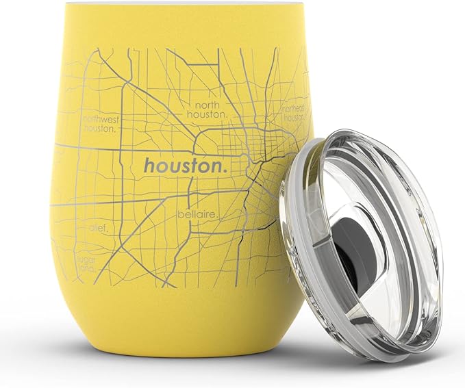 Well Told Engraved Houston Texas Map Insulated Wine Tumbler, Etched Stainless Steel Cup (12 oz, Sunrise Yellow) City Map Insulated Tumbler, Custom Insulated Tumbler, Outdoor Drinkware