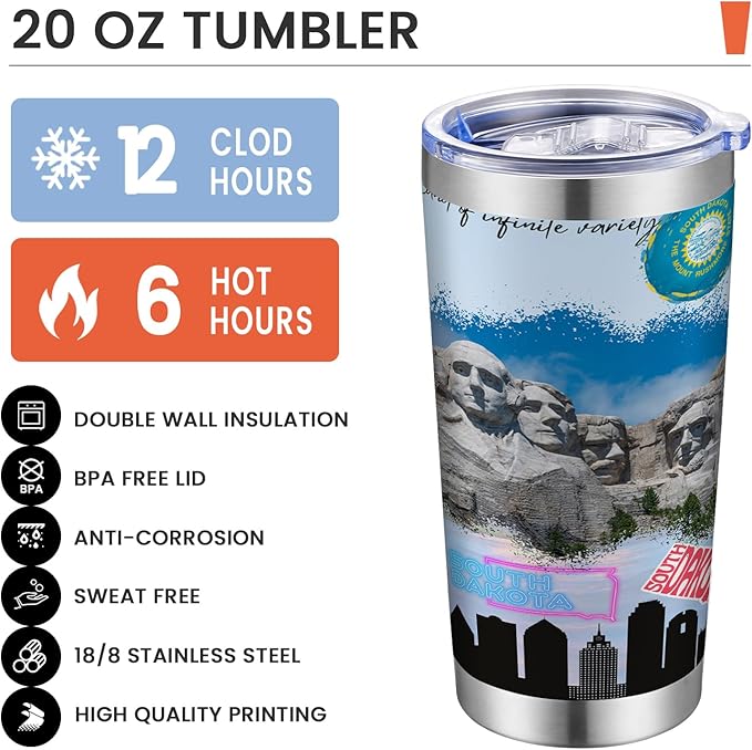 20oz Insulated Tumbler South Dakota State Coffee Mug, United States Map Travel Mug Landmark, Birthday Gifts Cute Custom Tumbler Cups with Lid and Straw Gifts for Mom