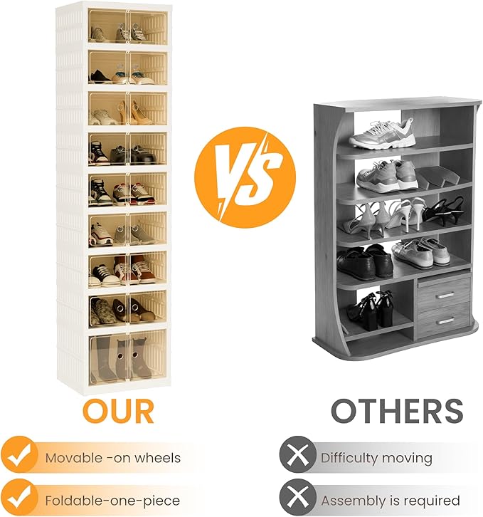 Foldable Shoe Organizer Storage Box, Portable Extra Large Folding Shoe Rack for Closet, Shoe Storage Box with Magnetic Transparent Door and Wheels, 9 Layers 18 Grids with 2 Big Grids