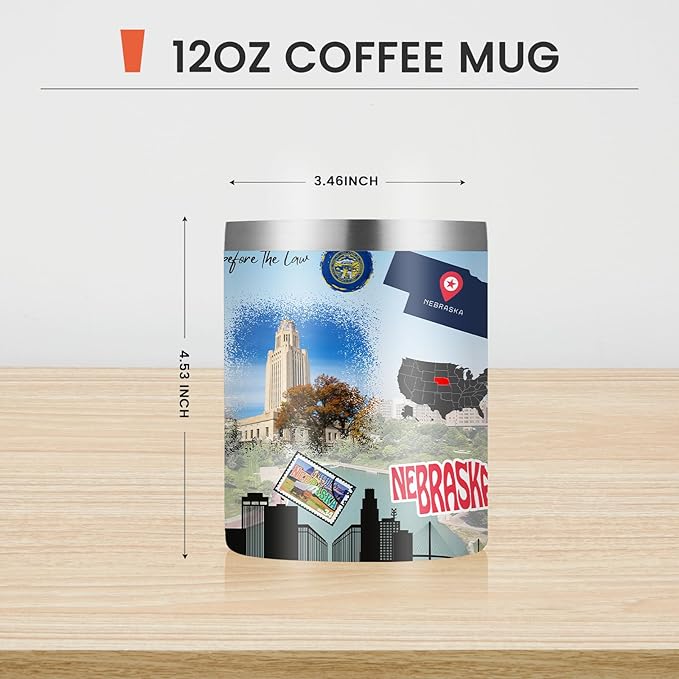 12oz Coffee Mug Nebraska State Insulated Coffee Cups, United States Map Travel Mug Landmark, Birthday Gifts Cute Mugs with Lid and Straw Gifts for Mom