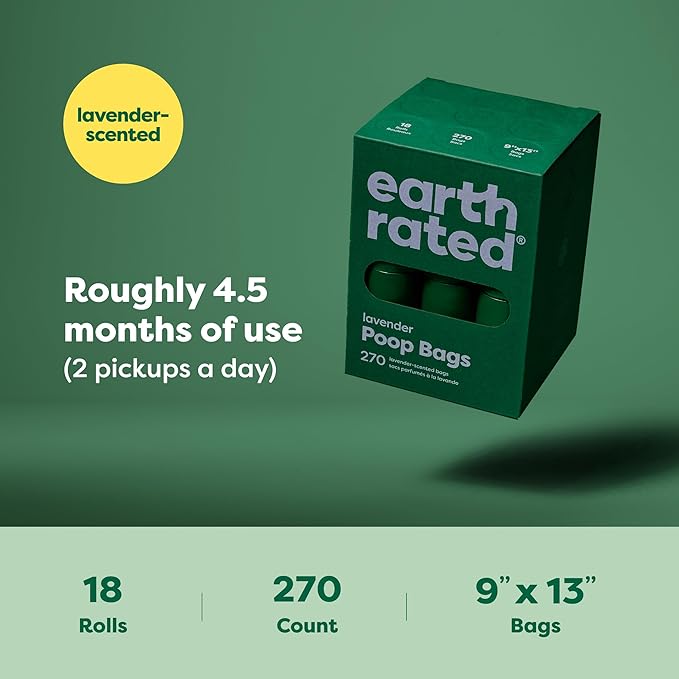Earth Rated Poop Bags for Dogs, Guaranteed Leak Proof and Extra Thick Waste Bag Refill Rolls, Lavender Scented, 270 Bags