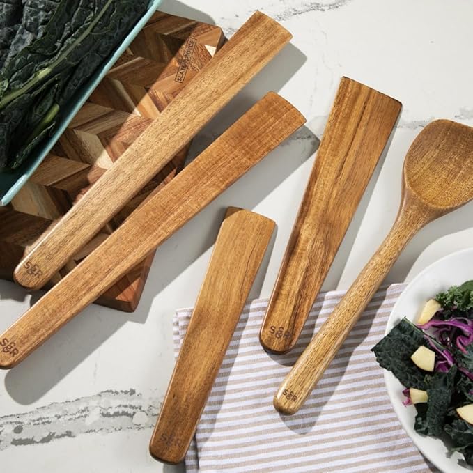 SLATE & ROYCE 5-Piece Acacia Wood Utencil Set, Non-Toxic Wooden Kitchen Tools with Tapered Edges, Heat-Resistant, For Non-Stick Frying Pan, Cast Iron Skillet, Flat Spatulas, Scraper & Spoon Set