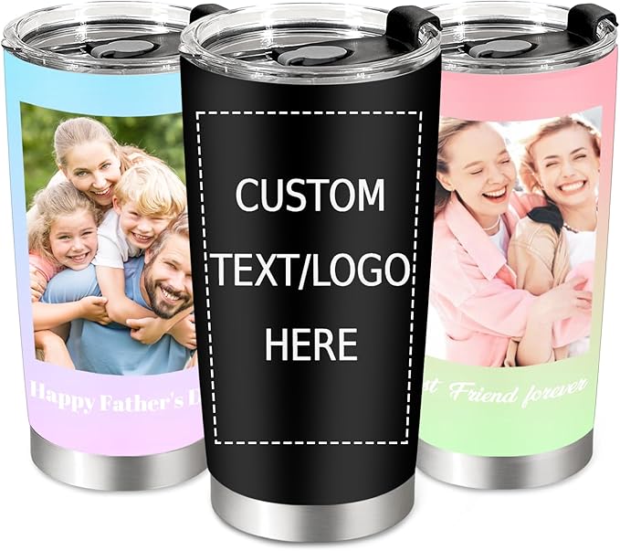 Personalized 20oz Tumbler with Pictures, Custom Insulated Tumblers with Logo, Stainless Steel Travel Coffee Mug, Personalized Gifts for Women Men Birthday Fathers Day Mothers Day