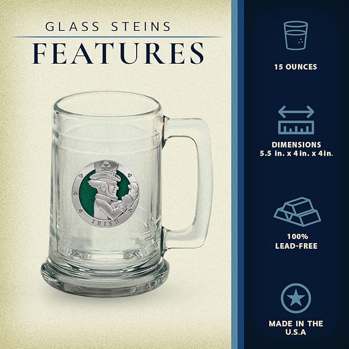 Heritage Pewter Irish Fighter Beer Stein Glass | 15 Ounce German-Style Beer Glass | Intricately Crafted Metal Pewter Alma Mater Inlay