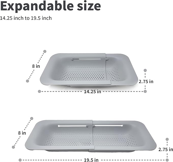 Makerstep Over the Sink Colander Strainer Basket - Expandable, Wash, Drain, and Dry. - New Home Kitchen Essentials, Multifunctional Kitchen Gadgets, Grey 14.25x8