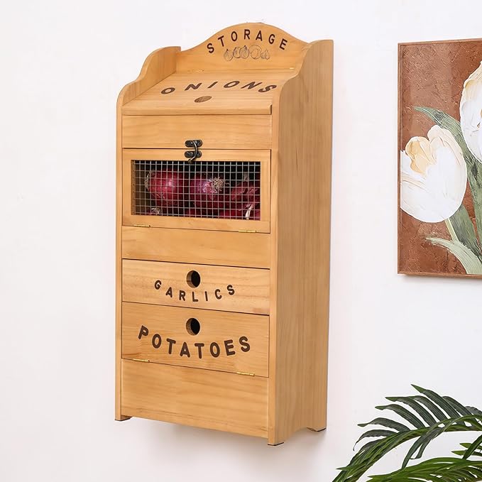 Potato Bin Veggie Organizer Rustic Pine Wood Potato, Onion & Garlic Storage Bin | Kitchen Organizer | Solid Wood Veggie Box | Compact Kitchen Box (13.77" L x 7.1" W x 29.3" H)