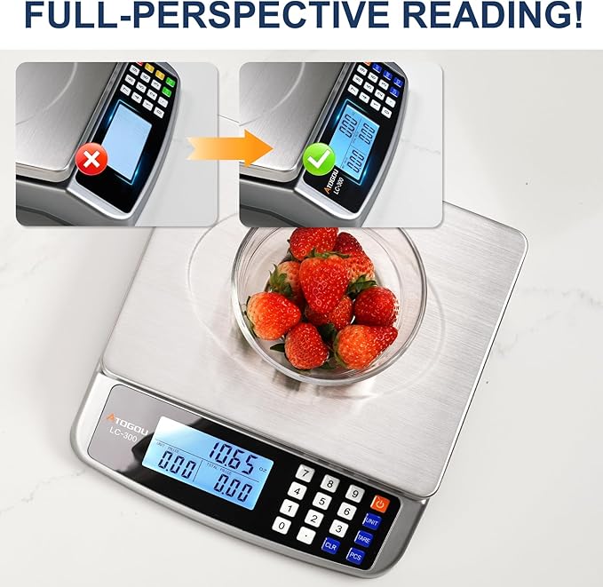 Atogou 66lb Food Scale, Commercial Kitchen Scale with Price Computing, Plug-in Usable, 0.05oz/1g, 304 Stainless Steel, for Cooking, Vegetables, Farm, Industry, Counting. LC300 Grey