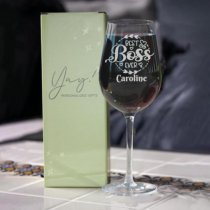 Personalized Boss Gifts for Women, Custom Wine Glass with Engraved Name, Birthday Farewell Retirement Christmas Boss Day Gift for Coworkers Staff Leader Office Decor