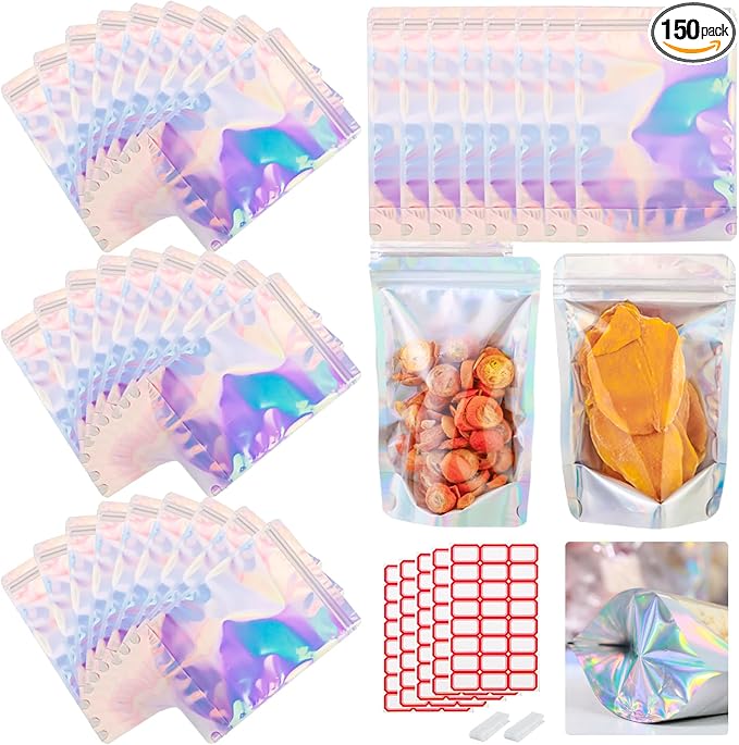 150-pack 5.9” x 8.7” Stand Up Mylar Bags with Clear Window Holographic Resealable Foil Pouches for Food Storage Smell Proof Edible Packaging Bag for Small Business, Small Holographic Bag Bulk