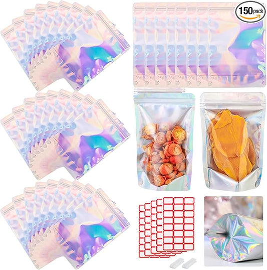 150-pack 4.7” x 7.9” Stand Up Mylar Bags with Clear Window Holographic Resealable Foil Pouches for Food Storage Smell Proof Edible Packaging Bag for Small Business, Small Plastic Storage Bag Bulk