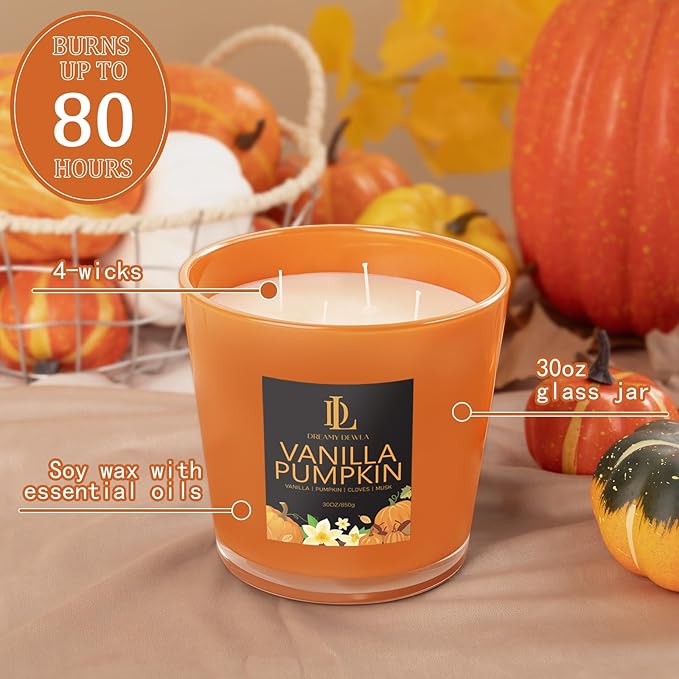 Large Fall Candle Vanilla Pumpkin Scented, 4 Wick Natural Soy Candles for Home Scented, 30oz Big Autumn Candle Long Lasting, Home Aromatherapy Candles Housewarming Gift for Women Men