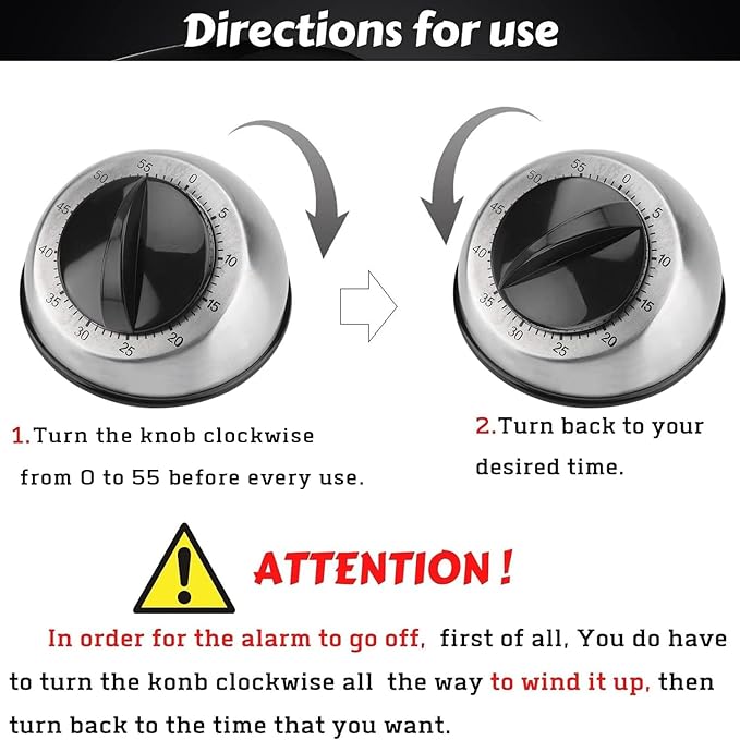 Kitchen Timer for Cooking, Chef Cooking Magnetic Timer - No Batteries Required - Loud Alarm, Mechanical Desk Manual Timers - Magnetic Clock Backing, Countdown Reminder - Stainless Steel Body
