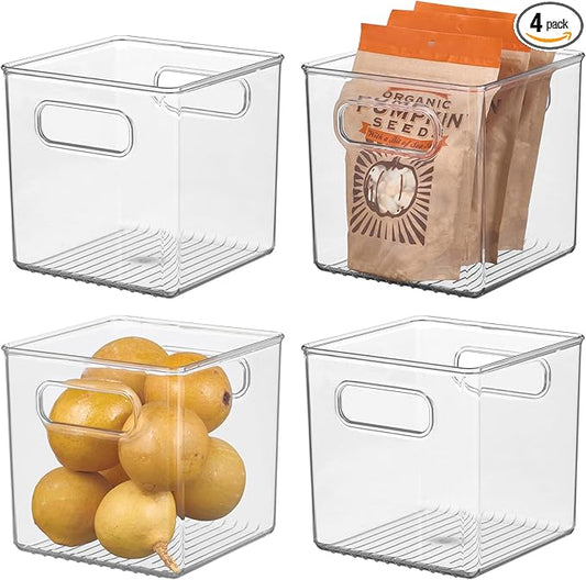 iDesign Pantry Storage Bins with Handles - Cube Organizer Bins for Cabinets or Fridge - Set of 4 - Clear