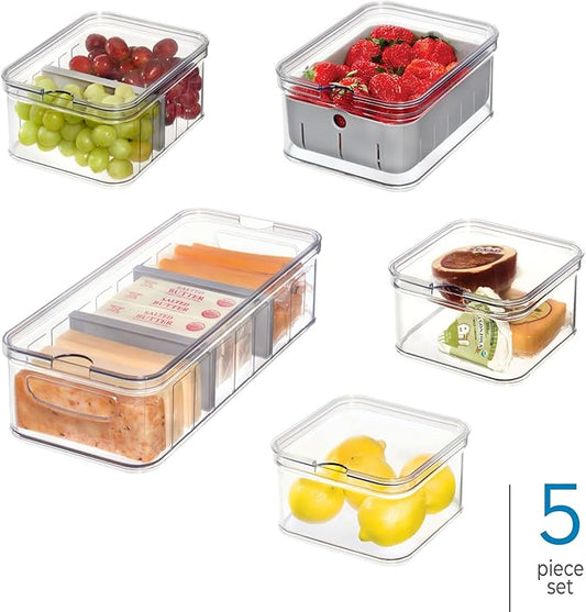 iDesign Crisp 5-Piece Recycled Plastic Refrigerator Organizer Bin Set with Lids, Clear/Gray