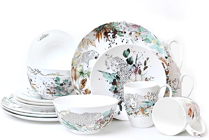 Jungle Plates and Bowls Sets Dishes Set for 4, Ceramic Plates and Bowls Set, Service for 4, Bone China Dinnerware Set Salad Dessert Plates, and Cereal Bowls Set, Microwave safe by KOKEN
