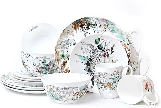 Jungle Plates and Bowls Sets Dishes Set for 4, Ceramic Plates and Bowls Set, Service for 4, Bone China Dinnerware Set Salad Dessert Plates, and Cereal Bowls Set, Microwave safe by KOKEN