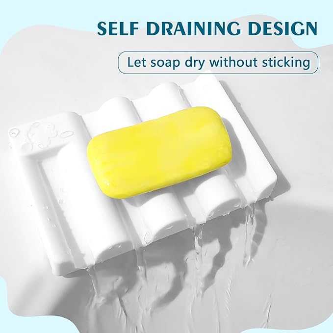 Silicone Soap Dish, Self Draining Soap Holder Perfect for Shower, Bathroom Sink, Kitchen Sink & Travel, Non-Slip Bar Soap Holder Extend Soap Life, Keep Soap Bars Dry Clean & Easy Cleaning (White-2PCS)