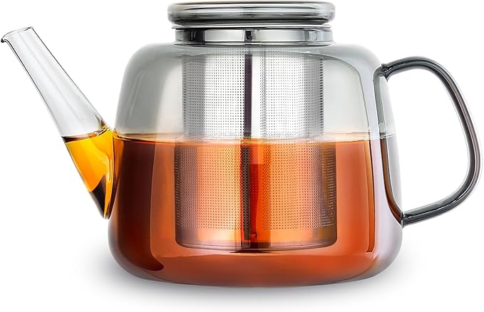 Easyworkz Borosilicate Glass Teapot 50oz with Large Stainless Steel Removable Loose Tea Infuser for Fruit Herbal and Infusion, Smoke Grey