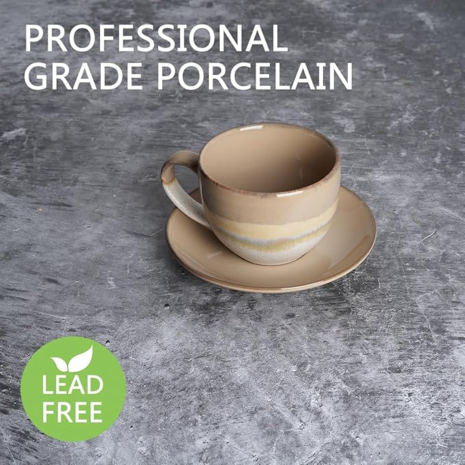 Bosmarlin Ceramic Cappuccino Cup and Saucer Set of 2, 10 Oz, Coffee Cups for Latte, Espresso, Tea, Dishwasher and Microwave Safe (Brown Grey)
