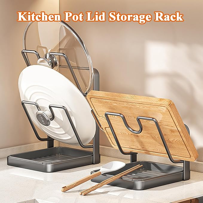 Kitchen Pot Lid Storage Rack, Pot Lid Holder While Cooking with Tray, Multifunctional Holder and Spoon Rest, Pot Lid Organizer Rack for Stove Top Countertop, Pot Keeper Collector (Gray-Single-layer)