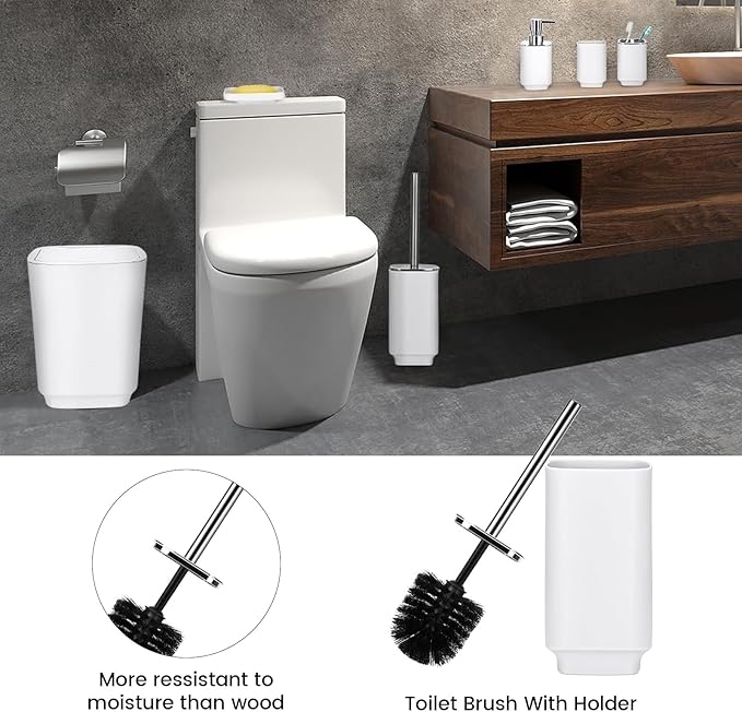 Bathroom Accessory Set 6 Piece Bathroom Accessories Set with Toothbrush Holder&Cup,Soap Dispenser& Dish,Toilet Brush Holder,Trash Can Plastic Gift Set for Bathroom Decorative Countertop（White