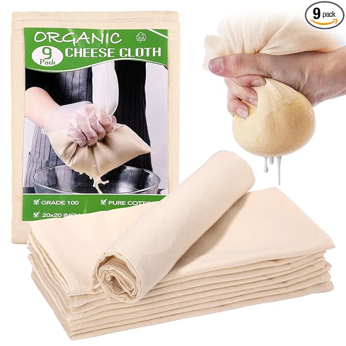 Cheese Cloths for Straining Reusable, 9Pcs Grade 100 Cheese Cloth 20 x 20 Inch, Ultra-fine Weaved Muslin Cloth with Hemmed Edges, Unbleached Cheesecloth for Straining, Juicing, Baking, Cheese Making