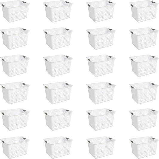 Sterilite 24-Pack Ultra Basket, Open Plastic Bins, Countertop, Cabinet and Closet Organizer, White, Deep