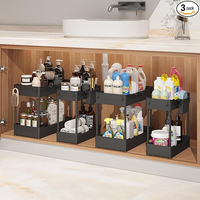 4 Pack Under Sink Organizer, Under Bathroom Cabinet Organizer with Hooks Hanging Cup, Multi-Purpose Storage Shelf for Kitchen Bathroom, Black