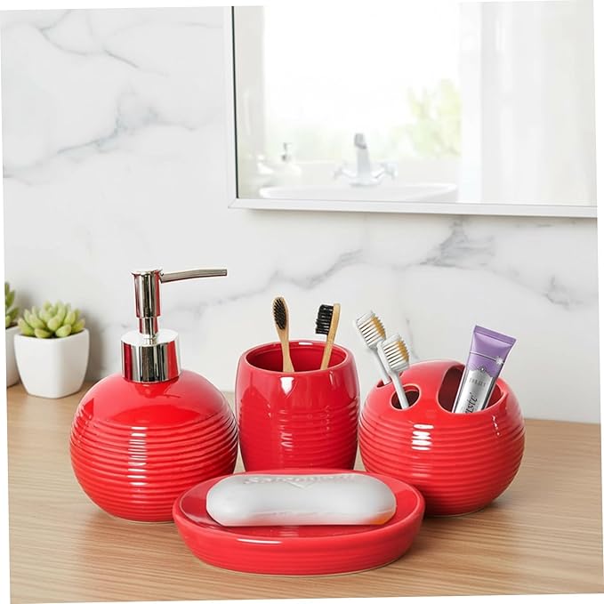 4Pcs Red Bathroom Accessories Set, Modern Ceramic Soap Dispenser, Toothbrush Holder, Tumbler and Soap Dish for Home and Apartment