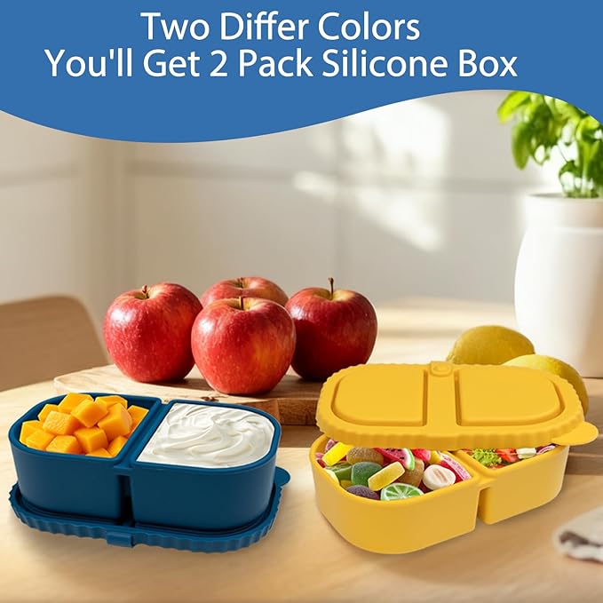 Portable 8.5oz Silicone Snack Boxes with Lids (2 Pack) - Double Compartment Reusable Containers for Snacks, Sauce, Dip | School, Office & Picnic Use (Multi-Color)