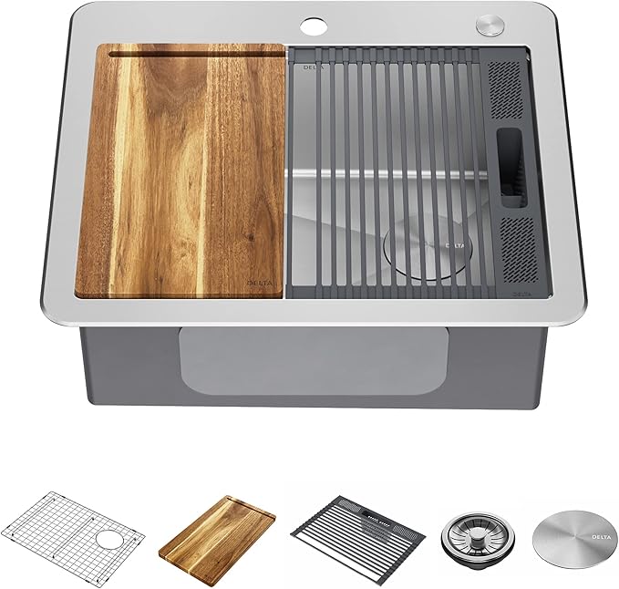 DELTA FAUCET 95A932-25S-SS Lorelai Workstation Kitchen Sink Drop-in Top Mount Stainless Steel Single Bowl with WorkFlow Ledge and Chef’s Kit of 5 Accessories