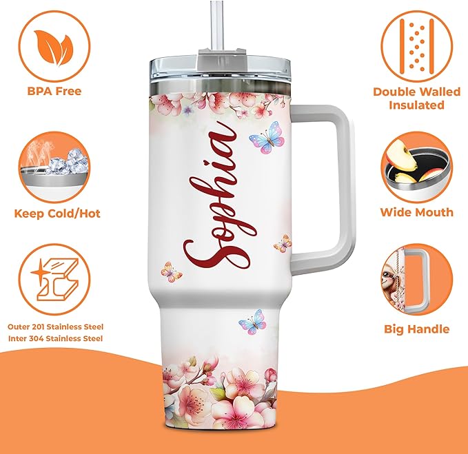 Personalized Sloth 40oz Tumbler with Handle and Straw Gifts for Women Sloths Lovers, Cute Sloth Cup, Animal Lovers Gift Idea on Birthday Christmas, Custom Name Stainless Steel Travel Cup