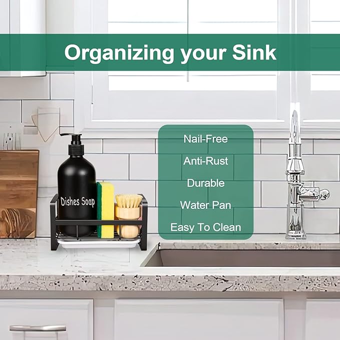 TEZZ Sponge Holder for Kitchen Sink- Stainless Steel Kitchen Sink Caddy for Organizing Sponge, Brush & Soap Dish Dispenser, coutertop Organizer Rack with Adhesive or Counter top, Black