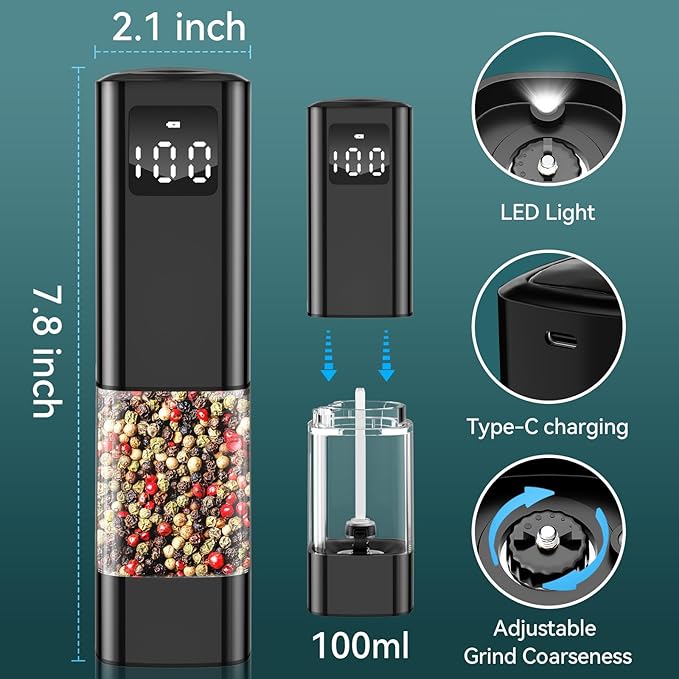 Upgraded Larger Capacity Electric Salt and Pepper Grinder Set Rechargeable with Digital Display, Refillable Electric Pepper Grinder Mill Set with Light & Ceramic Core, Adjustable Coarseness