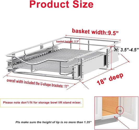 DINDON Pull Out Cabinet Organizer, (11" W x 18" D) Heavy-Duty Metal Sliding Drawer Shelf, Bathroom Under Sink Kitchen Cabinets Organizer and Storage Slide Out Shelves, Chrome, 1 Tier, 2 Pack