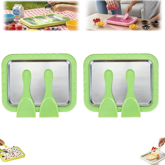 Rolled Ice Cream Maker Kit, New At-Home Stainless Steel Instant Freeze Plate with 2 Scrapers,DIY Rolled Ice Cream Tray Instant Ice Cream Maker (Green-2PCS)