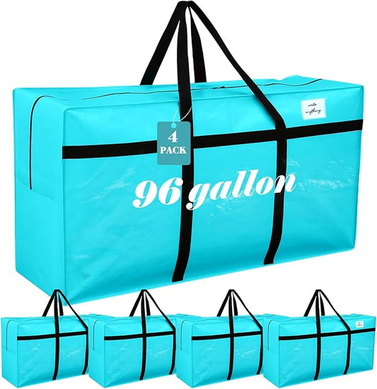 4 Pcs 96 Gallon Large Moving Bags with Zipper and Handles Foldable Storage Duffle Bags Heavy Duty Extra Large Totes for College Dorm Travel Clothes Blankets Bedding Moving (Lake Blue)