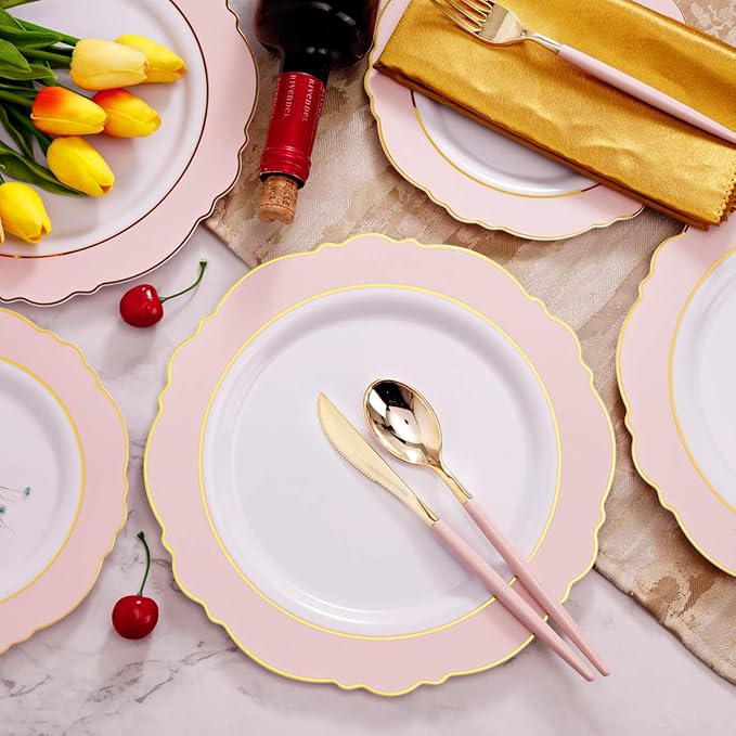 WDF 30Guest Pink Plates Disposable - Hign-end Baroque Design - Gold Plastic Silverware with Handle-Baroque Pink &Gold Plastic Dinnerware for Valentine's Day/Wedding