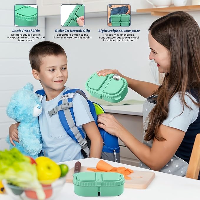 Silicone Snack Containers for Kids (8.5Oz, 2-Compartment)+ Kids Silicone Cutlery Set (Spoon and Fork) - BPA Free, Leak Proof, Great for Toddler/Kid/Adult Meal Prep Containers (green)