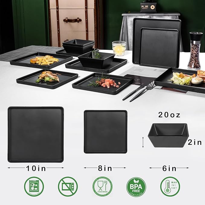 Melamine Dinnerware Sets - 12pcs Square Plates and Bowls Set, Dishes Set, Black