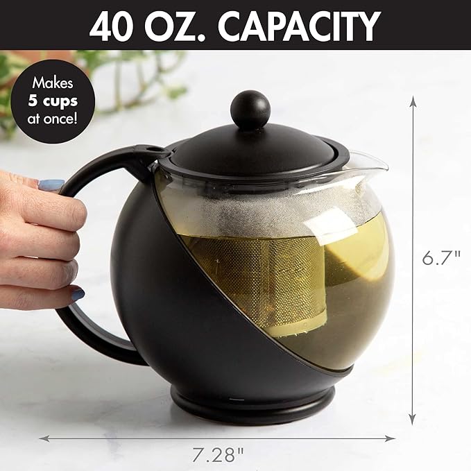 Primula Half Moon Teapot with Removable Infuser, Glass Tea Maker with Reusable Fine Mesh Stainless Steel Filter, Dishwasher Safe, 40-Ounce, Black