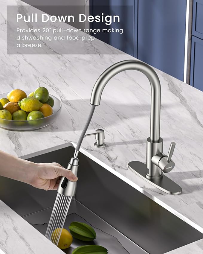 DAYONE Touchless Kitchen Sink Faucet with Soap Dispenser and Pull Down Sprayer, Stainless Steel High Arc Motion Sensor Touch Faucet for Kitchen Sink Smart Hands-Free Single Handle, Brushed Nickel