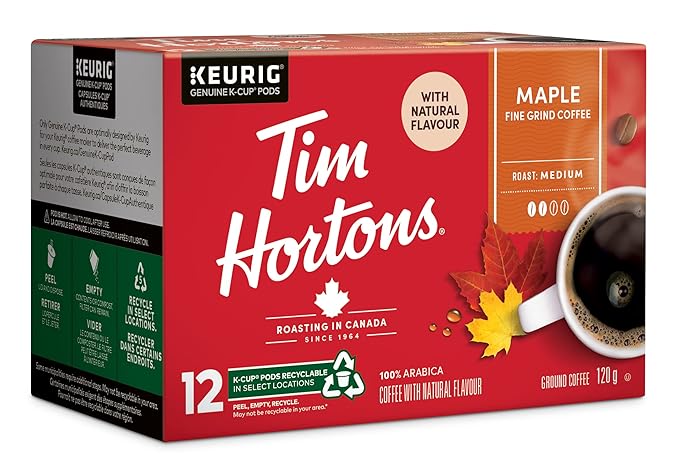 Tim Hortons Maple Coffee, Recyclable Single Serve Keurig K-Cup Pods, Flavoured Medium Roast, 12 Count