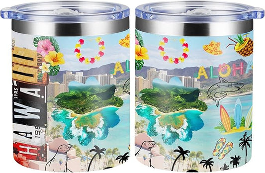 12oz Coffee Mug Hawaii State Insulated Coffee Cups, United States Map Travel Mug Landmark, Birthday Gifts Cute Mugs with Lid and Straw Mothers Day Gifts