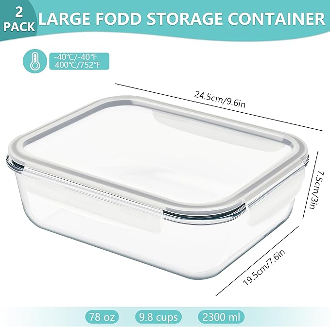 2 Pack 78 Oz / 9.8 Cups Large Glass Food Storage Containers with Lids, Meal Prep Containers for Baking, Serving, Glass Storage Container, BPA Free, Leakproof, Freezer, Microwave/Oven Safe