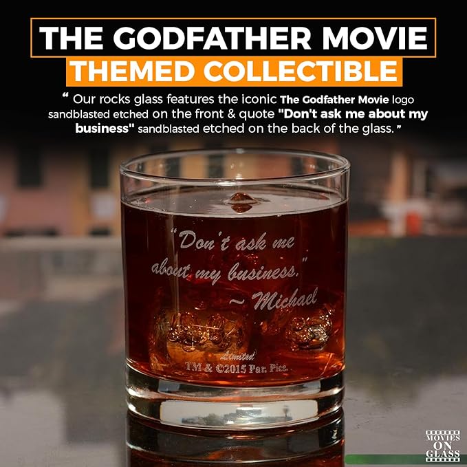 Official Godfather Etched Whiskey Glass - with Logo & Quote ''Don't ask me about my business'' - Premium Quality, Handcrafted Glassware, 11 oz. Perfect Collectible Rocks Glass