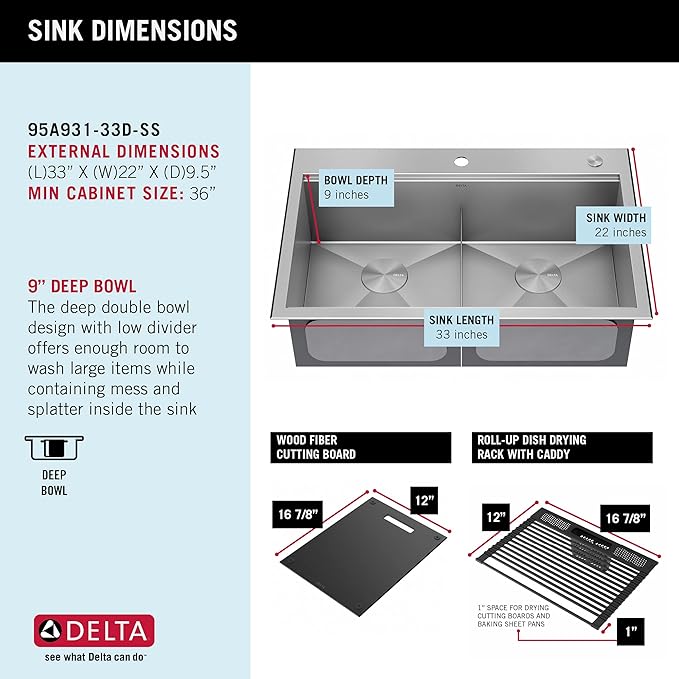 DELTA FAUCET Rivet 33-Inch Workstation Kitchen Sink Drop-In Top Mount 16 Gauge Stainless Steel 50/50 Double Bowl with WorkFlow Ledge and Chef’s Kit of 8 Accessories, 95A931-33D-SS
