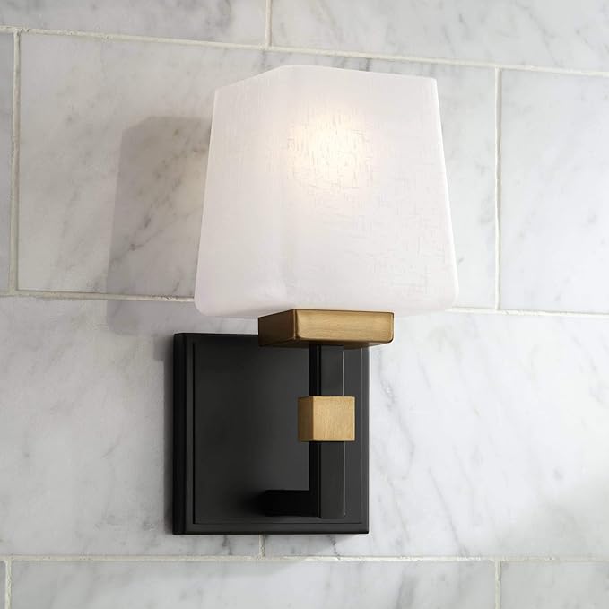Possini Euro Design Beauregard Modern Wall Sconce Lighting Black Gold Metal Hardwired 10" High Fixture Square Linen Glass Shade for Bedroom Bedside Living Room Home Hallway Dining Kitchen