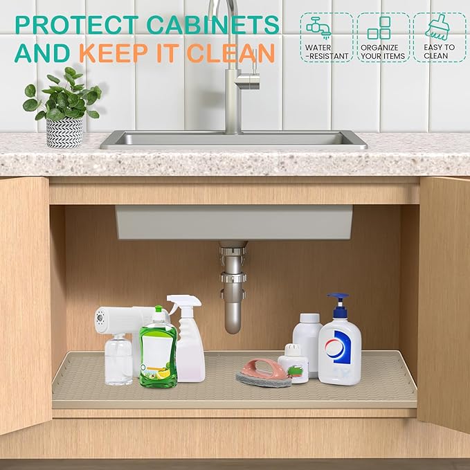 Waterproof Under Sink Mat 28" x 19", Silicone Cabinet Liner, Rubber Protector for Kitchen and Bathroom, Keeps Cabinets Clean, Dry, and Organized (Brown)
